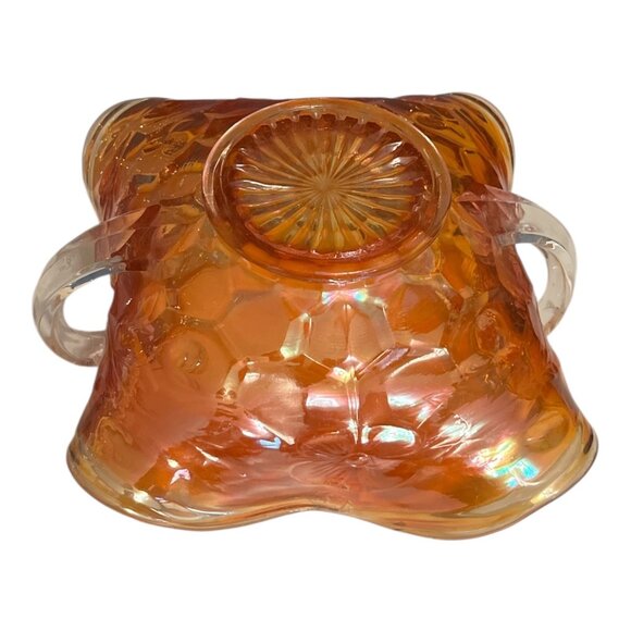 Vintage Iridescent Carnival Glass Style Dish with Clear Handles | Amber Ruffled - Picture 3 of 6